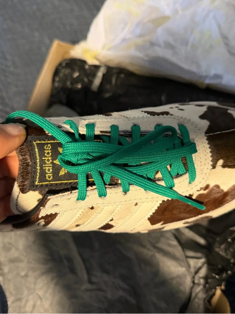 adidas Women's Cow-Print Sneakers with Green Laces - Picture 3 of 8